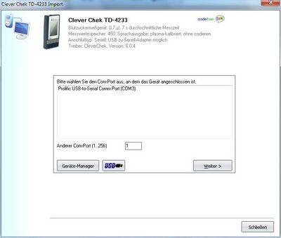 Datenübernahme vom Clever Chek TD 4233 ins Diabetes-Tagebuch