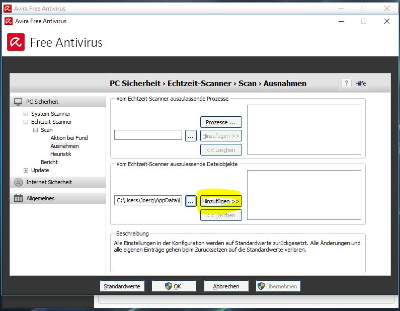 Antivirus Ausnahme hinzufügen