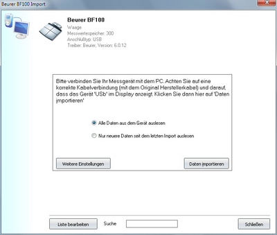 Datenübernahme von der Beurer BF100 ins Diabetes-Tagebuch Datenübernahme von der IBeurer BF100 ins Diabetes-Tagebuch
