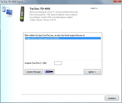 Datenübernahme vom TaiDoc TD4265 ins Diabetes-Tagebuch